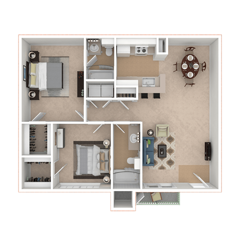 Floor plan for 2 beds, 2 baths, 850 sqft